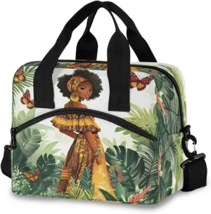 Black Girl in Yellow Skirt Butterfly Leaves Lunch Box for Men Women Adults Insulated Lunch Bag Cooler Bag with Adjustable Shoulder Strap for Work Picnic Travel