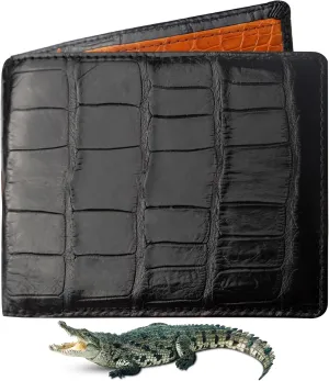 Black-Orange Alligator Bifold Leather Slim Wallet Double Side RFID Blocking Front Pocket Security Crocodile Exotic Leather Luxury Wallet With 8 Card Slot Classic Handmade Gift For Men VILE-14
