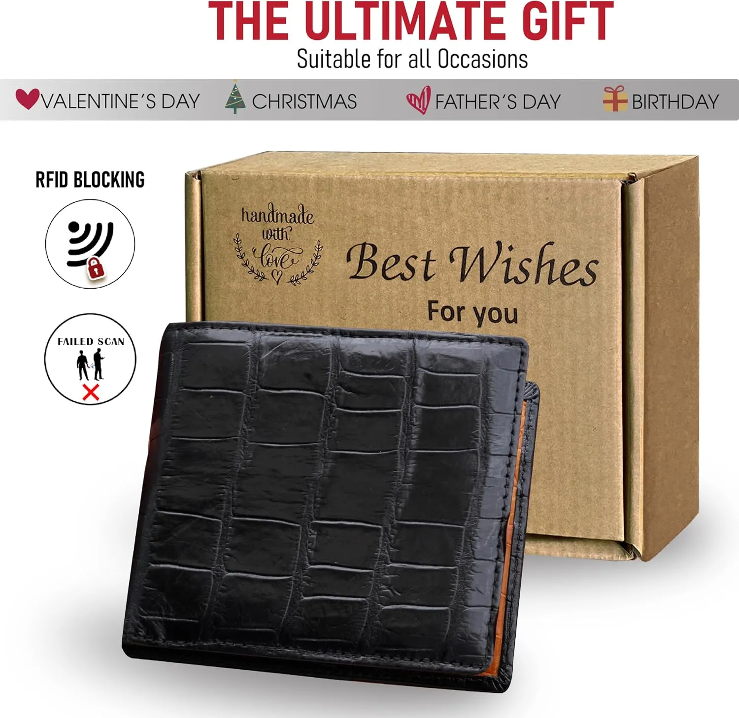 Black-Orange Alligator Bifold Leather Slim Wallet Double Side RFID Blocking Front Pocket Security Crocodile Exotic Leather Luxury Wallet With 8 Card Slot Classic Handmade Gift For Men VILE-14