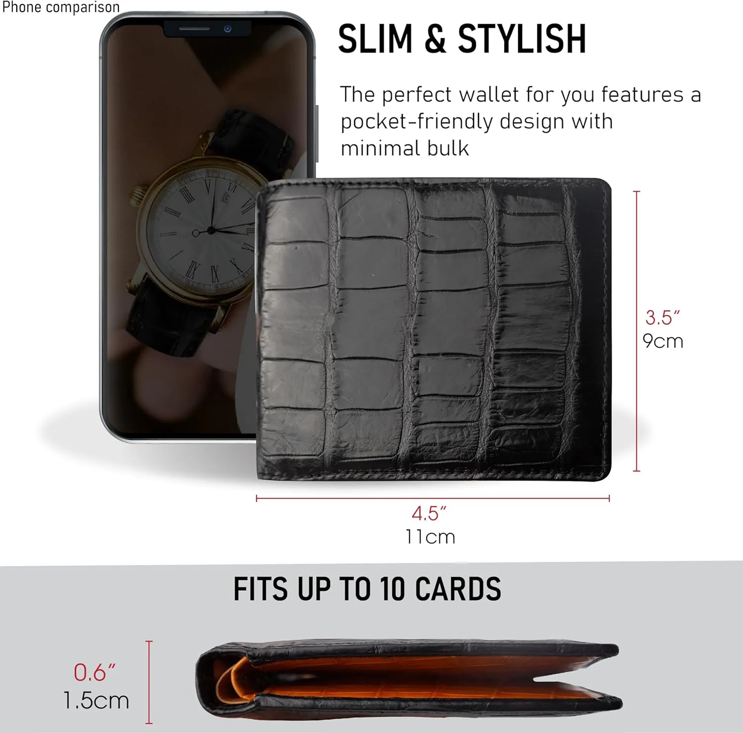 Black-Orange Alligator Bifold Leather Slim Wallet Double Side RFID Blocking Front Pocket Security Crocodile Exotic Leather Luxury Wallet With 8 Card Slot Classic Handmade Gift For Men VILE-14