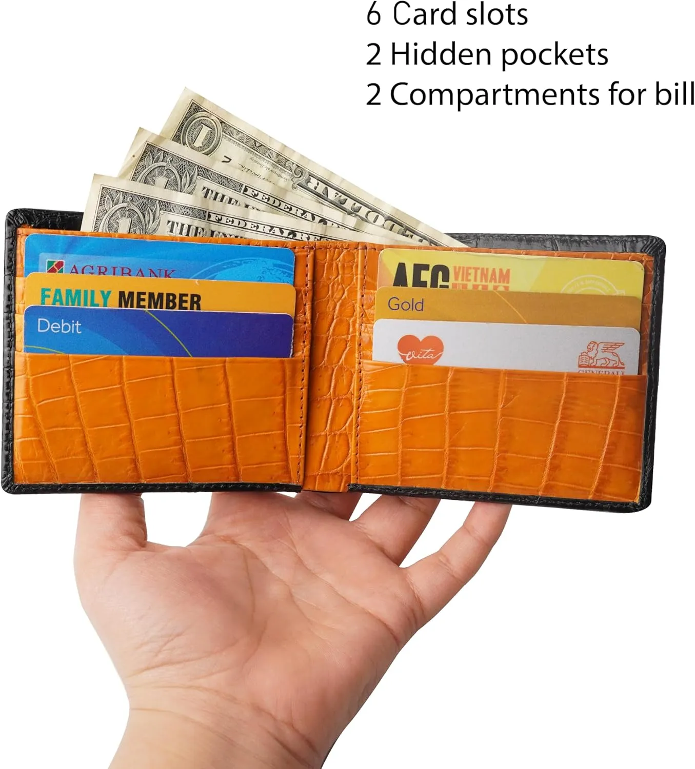 Black-Orange Alligator Bifold Leather Slim Wallet Double Side RFID Blocking Front Pocket Security Crocodile Exotic Leather Luxury Wallet With 8 Card Slot Classic Handmade Gift For Men VILE-14