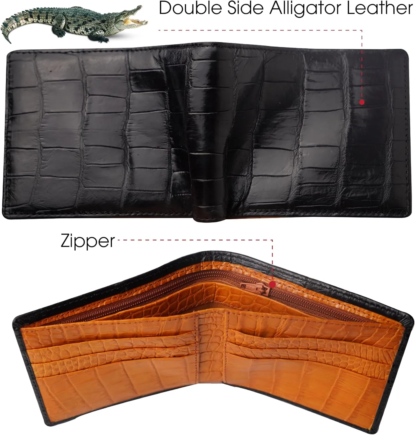 Black-Orange Alligator Bifold Leather Slim Wallet Double Side RFID Blocking Front Pocket Security Crocodile Exotic Leather Luxury Wallet With 8 Card Slot Classic Handmade Gift For Men VILE-14