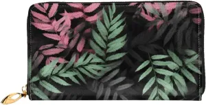 Black Pink Green Leaves Leather Wallets For Women Waterproof Zip Around Clutch Purses Large Credit Card Holder With Phone Holder Ladies Travel Coin Purse