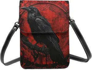 Black Raven Pirate Runes Viking Nordic Mythology Red Crossbody Cell Phone Purse For Women Teen Girls Leather Small Crossbody Bag Mini Phone Pouch Purse, 7.5x5.3 Inches