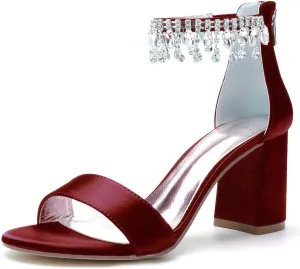 Black Silver High Heel for Women,Low Heel Women's Zipper Rhinestone Chunky Heels Comfortable Peep Toe Women Pumps Dress Shoes(Burgundy,6.5 UK)