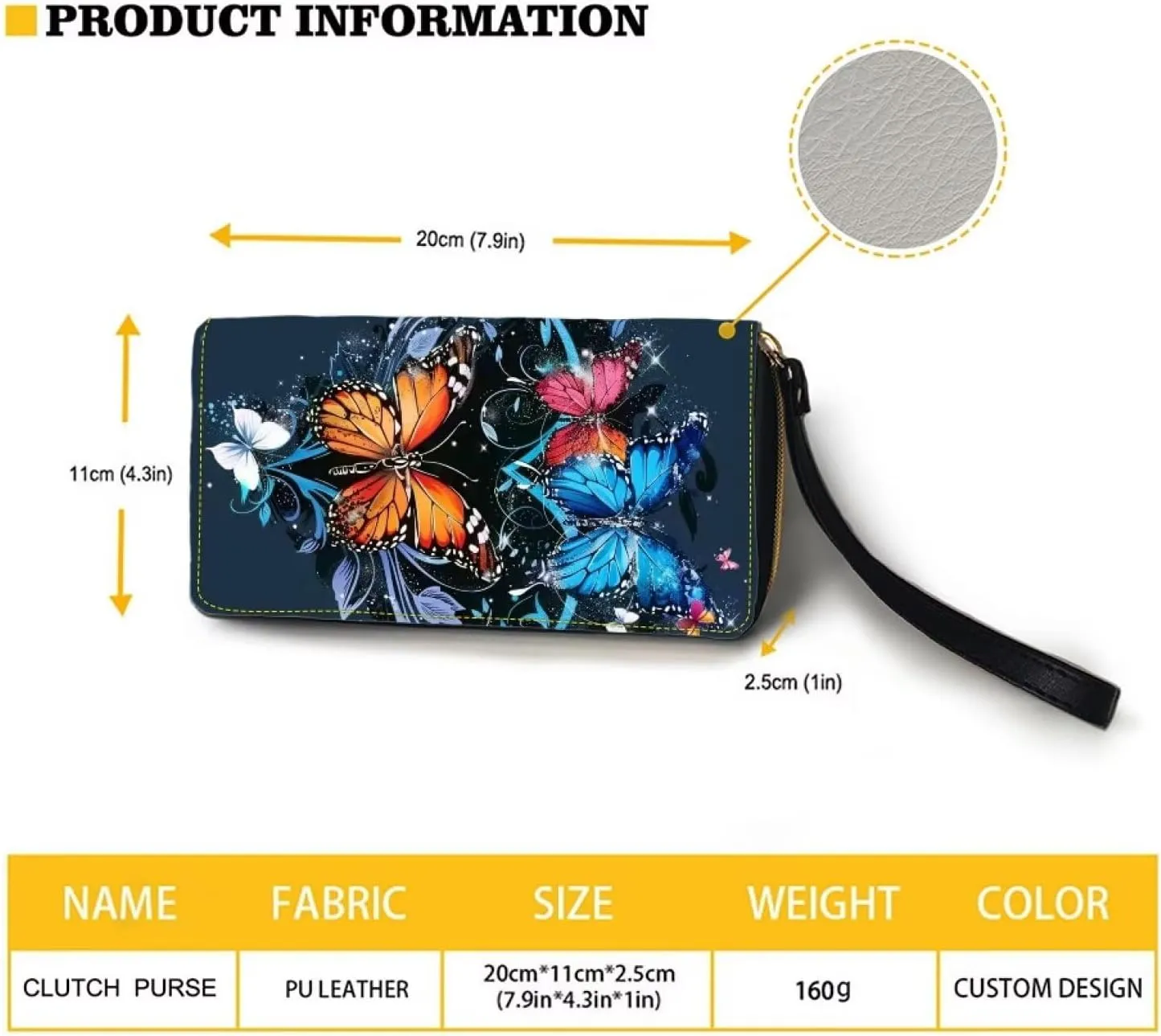 Blue Butterfly Print Women Long Wallets Zipper Clutch Purse Wristlet Wallet Card Holder Lady Wallets