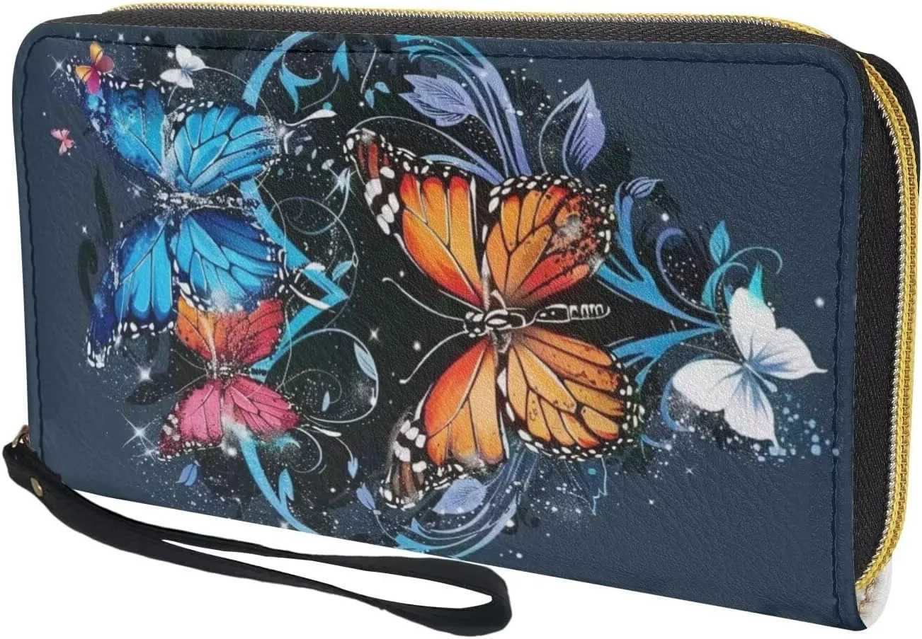 Blue Butterfly Print Women Long Wallets Zipper Clutch Purse Wristlet Wallet Card Holder Lady Wallets