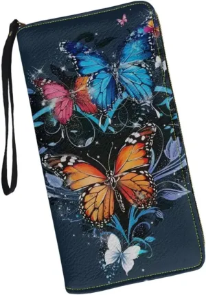 Blue Butterfly Print Women Long Wallets Zipper Clutch Purse Wristlet Wallet Card Holder Lady Wallets