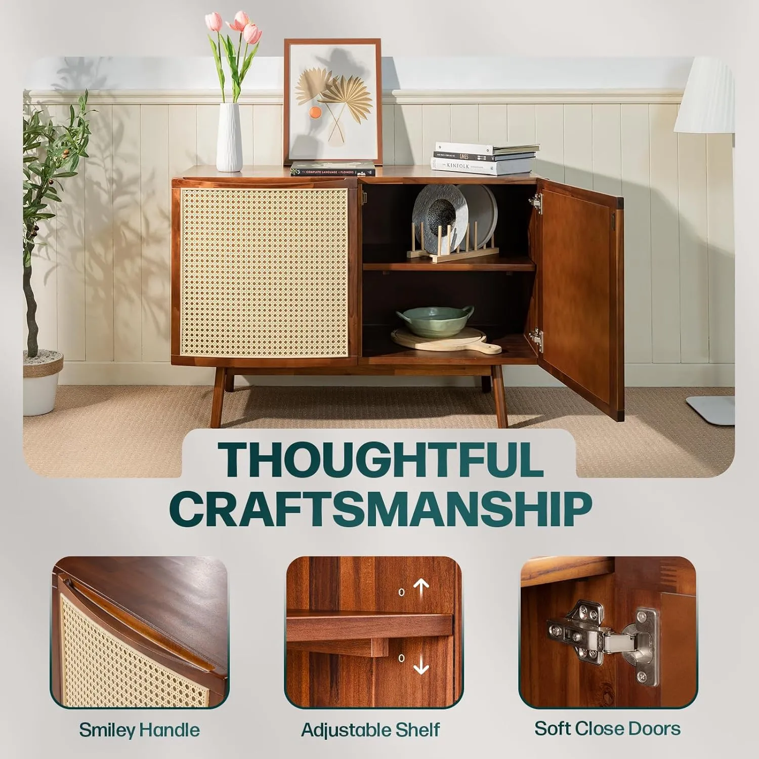 Bme Nancy Accent Cabinet, Elegant Curved Entryway Table with Storage with Soft-Close Doors, Solid Acacia Wood Frame with Adjustable Shelf and Levelers, Easy to Assemble, Anti-Tip Kit Included