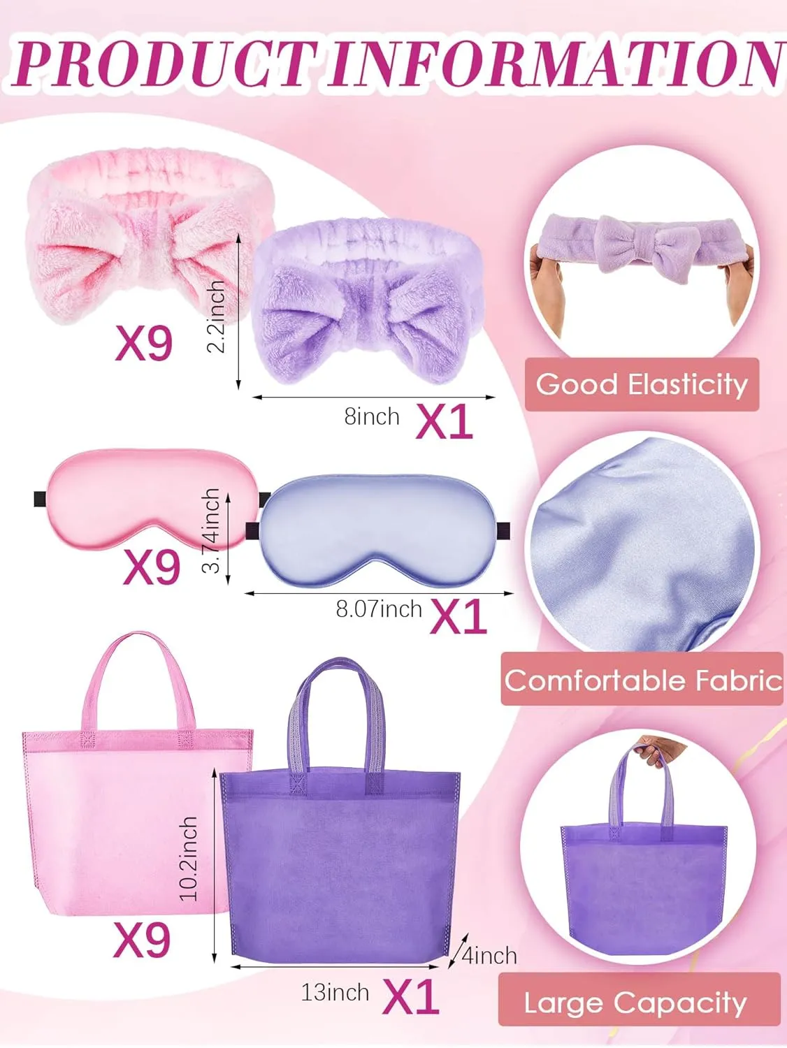 Bokon 40 Pcs Girls Spa Party Supplies 10 Birthday Squad Princess Robe 10 Tote Bags 10 Headbands 10 Spa Masks for Birthday