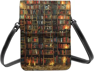 books Bookshelf magic library ancient vintage Leather Small Crossbody Bags for Women Cell Phone Bag Wallet Purses with Adjustable Strap