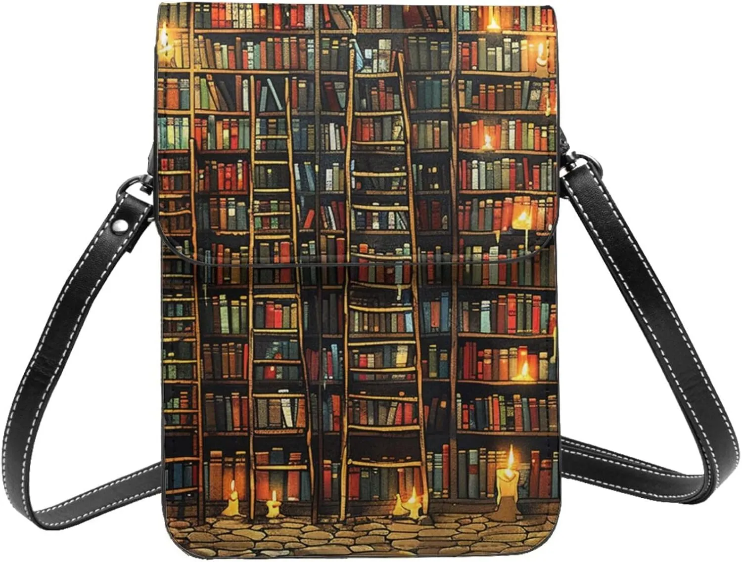 books Bookshelf magic library ancient vintage Leather Small Crossbody Bags for Women Cell Phone Bag Wallet Purses with Adjustable Strap