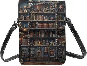 Bookshelf Books Library Fantasy Dark Vintage Crossbody Cell Phone Purse For Women Teen Girls Leather Small Crossbody Bag Mini Phone Pouch Purse, 7.5x5.3 Inches