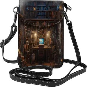 Bookshelf Library Education Book Leather Crossbody Bag For Women, Small Cell Phone Purse Mini Shoulder Phone Bag Wallet Pouch