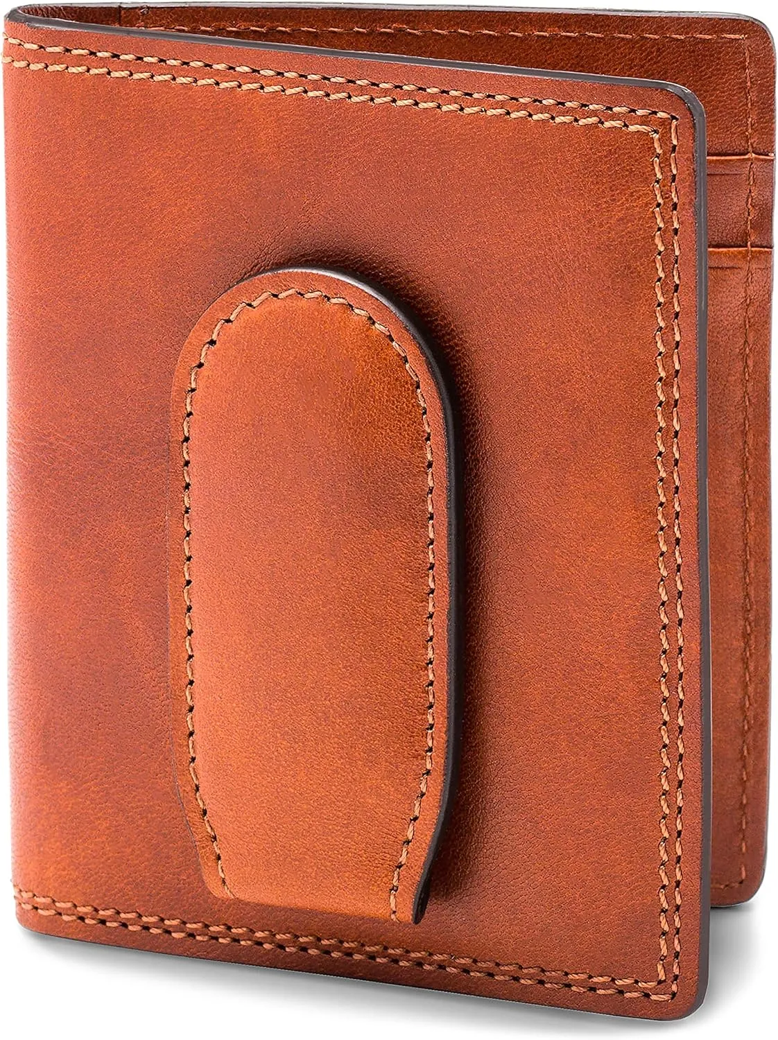 Bosca Men's Wallet, Dolce Leather Front Pocket Bifold Wallet with Magnetic Clip, Amber