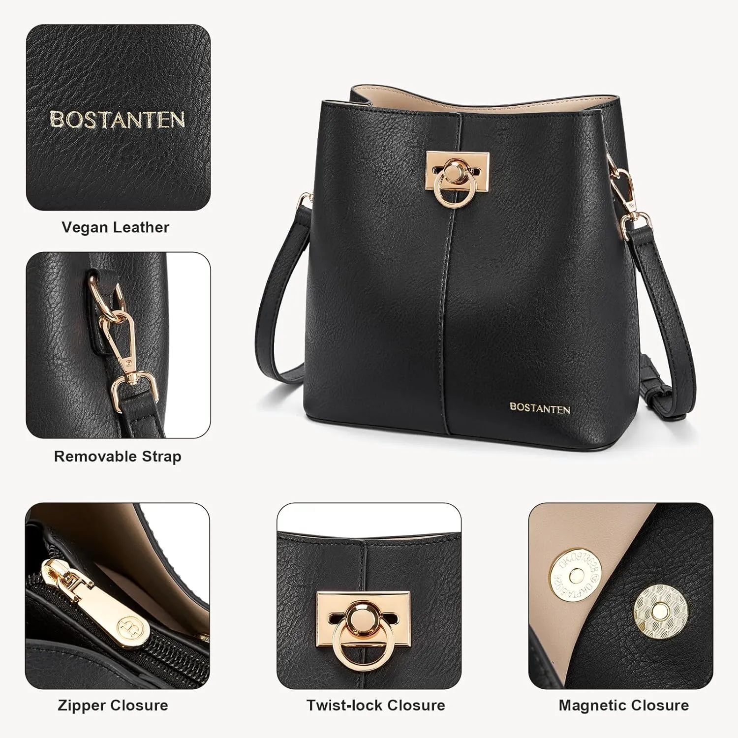 BOSTANTEN Crossbody Bucket Shoulder Bags for Women Vegan Leather Purse Cross Body Handbag Multiple Pockets