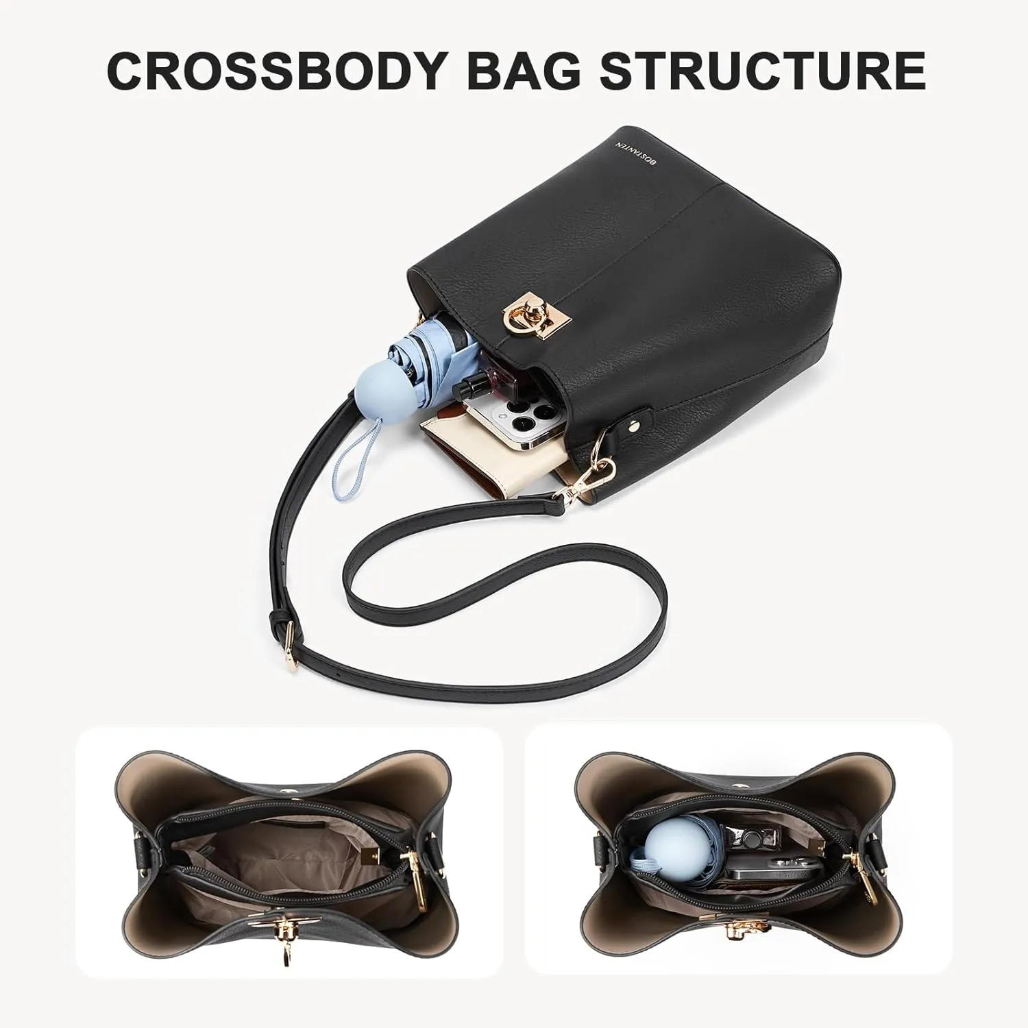 BOSTANTEN Crossbody Bucket Shoulder Bags for Women Vegan Leather Purse Cross Body Handbag Multiple Pockets