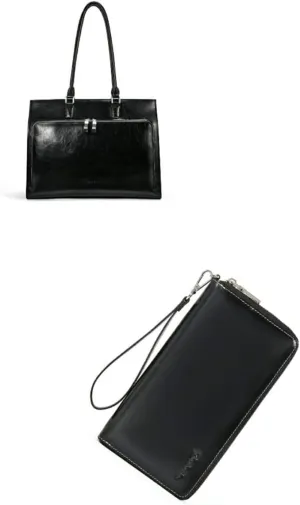 BOSTANTEN Leather Briefcase for Women Vintage 15.6 inch Laptop Bag Business Tote Shoulder Handbag Black Leather Wallets for Women RFID Blocking Zip Around Credit Card Holder Phone Clutch Bla