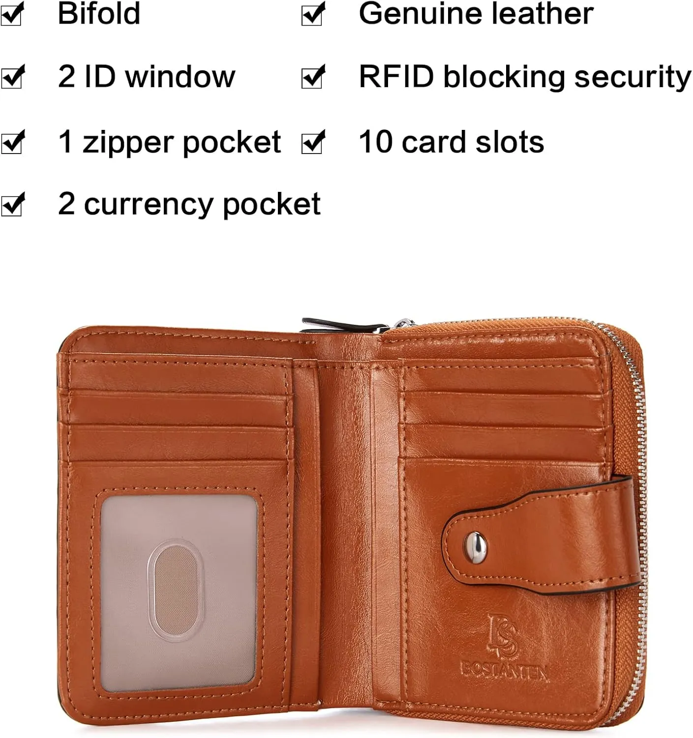 BOSTANTEN Leather Wallets for Women RFID Blocking Zipper Pocket Small Bifold Wallet Card Case