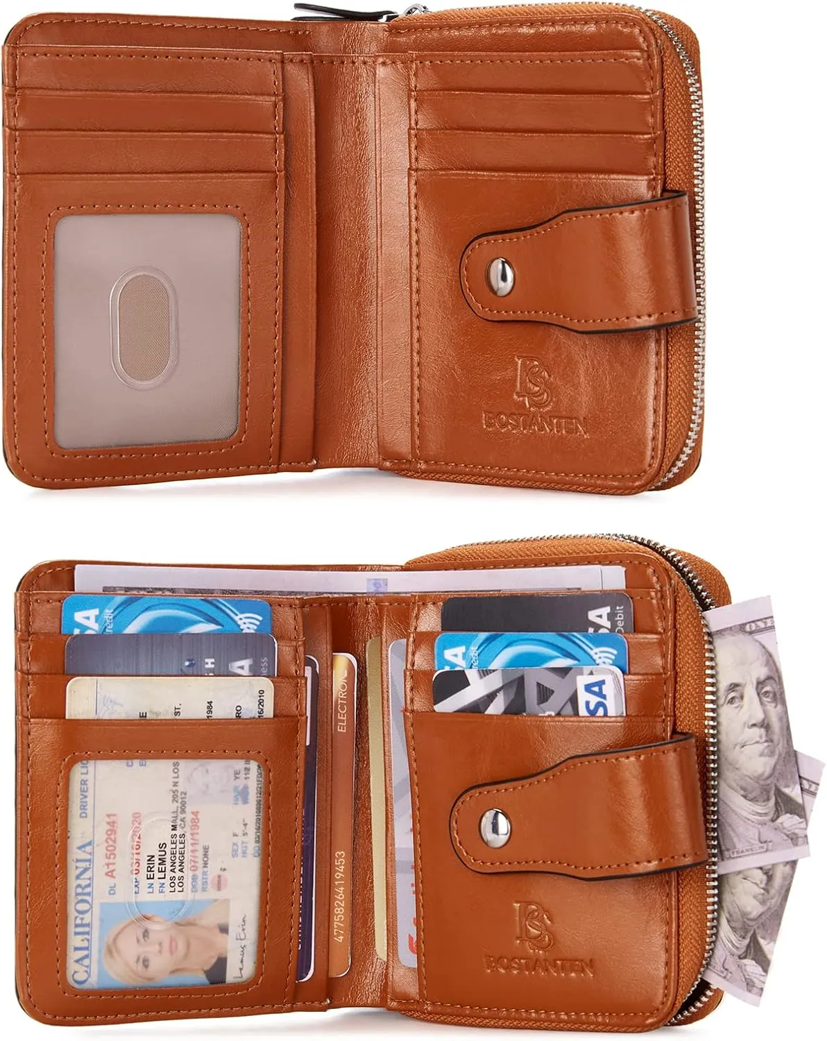 BOSTANTEN Leather Wallets for Women RFID Blocking Zipper Pocket Small Bifold Wallet Card Case