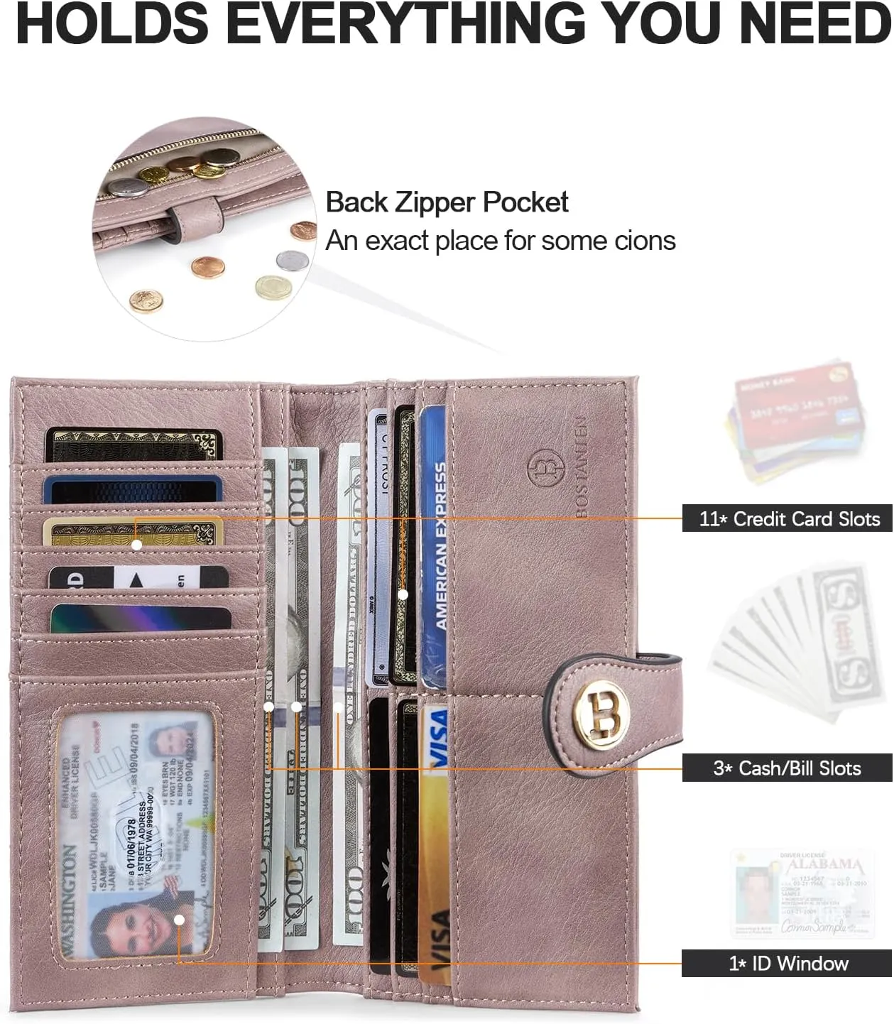 BOSTANTEN Slim Wallet Women Leather RFID Blocking Credit Card Holder Bifold Thin Wallet with Zipper Pocket Light Purple