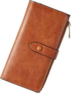 BOSTANTEN Womens Leather Wallets RFID Blocking Large Capacity Trifold Card Holder Ladies Phone Clutch Brown