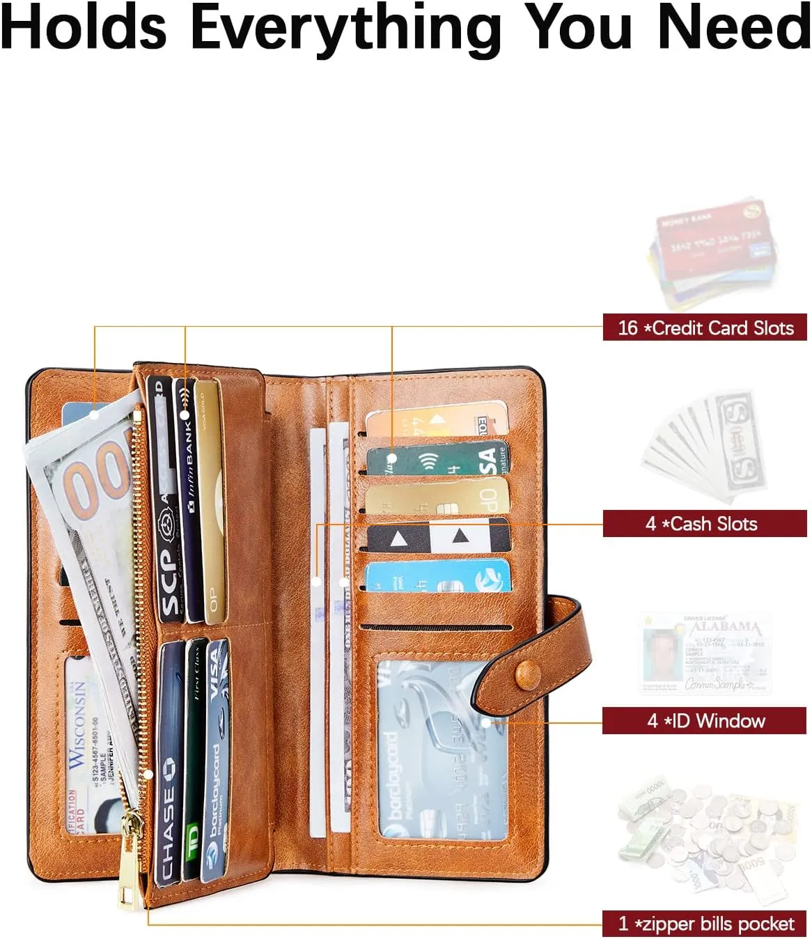 BOSTANTEN Womens Leather Wallets RFID Blocking Large Capacity Trifold Card Holder Ladies Phone Clutch Brown