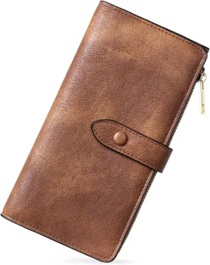 BOSTANTEN Womens Leather Wallets RFID Blocking Large Capacity Trifold Card Holder Ladies Phone Clutch Grey Brown