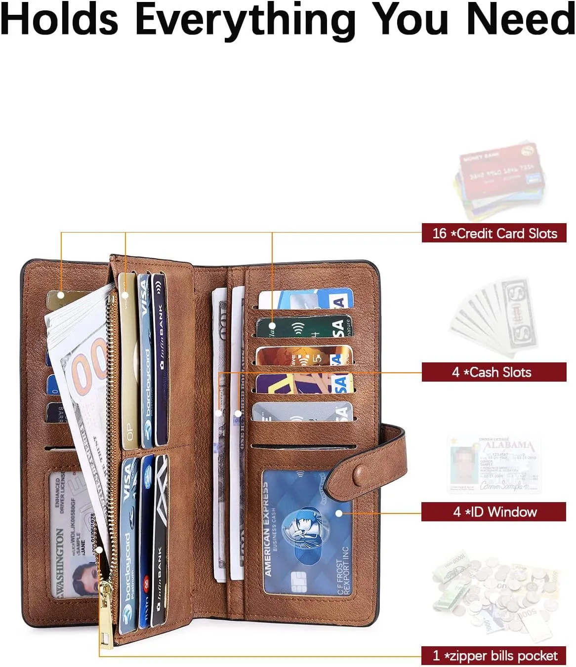 BOSTANTEN Womens Leather Wallets RFID Blocking Large Capacity Trifold Card Holder Ladies Phone Clutch Grey Brown
