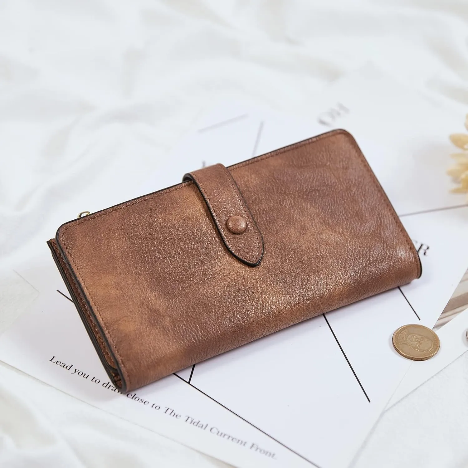 BOSTANTEN Womens Leather Wallets RFID Blocking Large Capacity Trifold Card Holder Ladies Phone Clutch Grey Brown