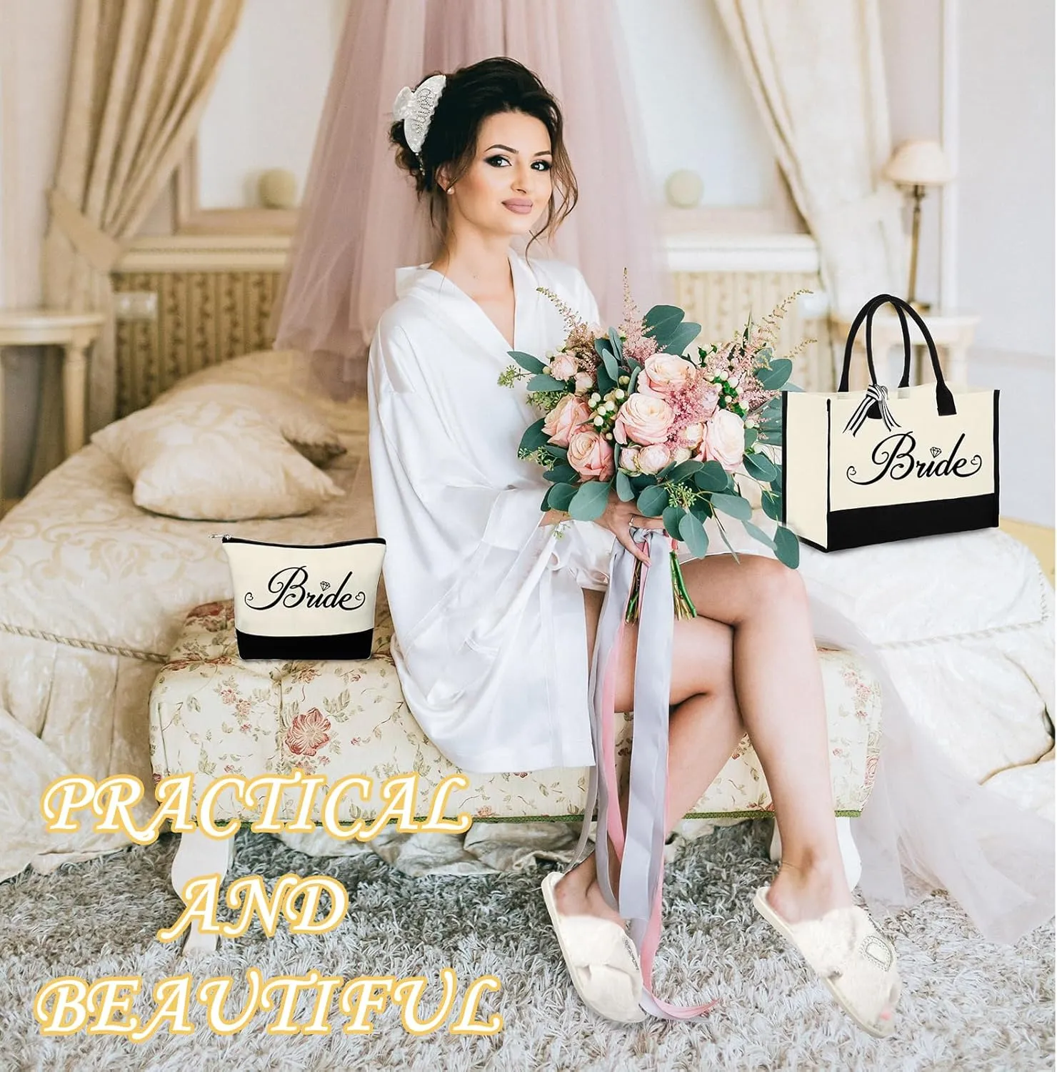 Bride to Be Gifts - Bridal Shower & Wedding Gifts - Bride Tote Bag, Slippers & Robe for Wedding Day