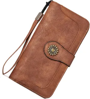 BROMEN Leather Wallets for Women RFID Blocking Large Capacity Credit Card Holder Clutch Purse Wristlet Retro Brown