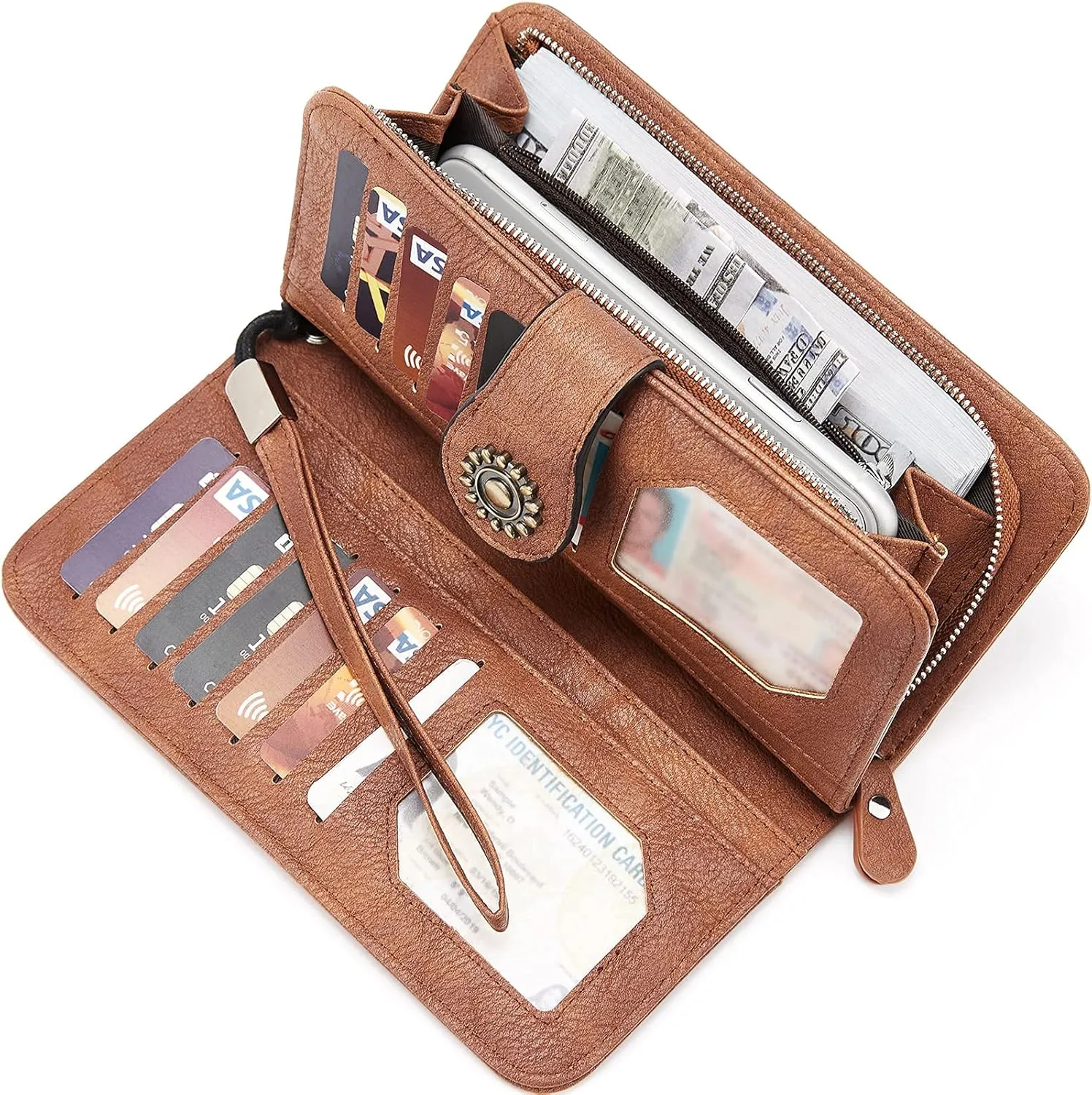 BROMEN Leather Wallets for Women RFID Blocking Large Capacity Credit Card Holder Clutch Purse Wristlet Retro Brown