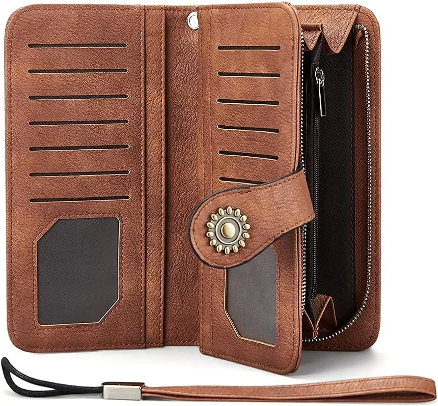 BROMEN Leather Wallets for Women RFID Blocking Large Capacity Credit Card Holder Clutch Purse Wristlet Retro Brown