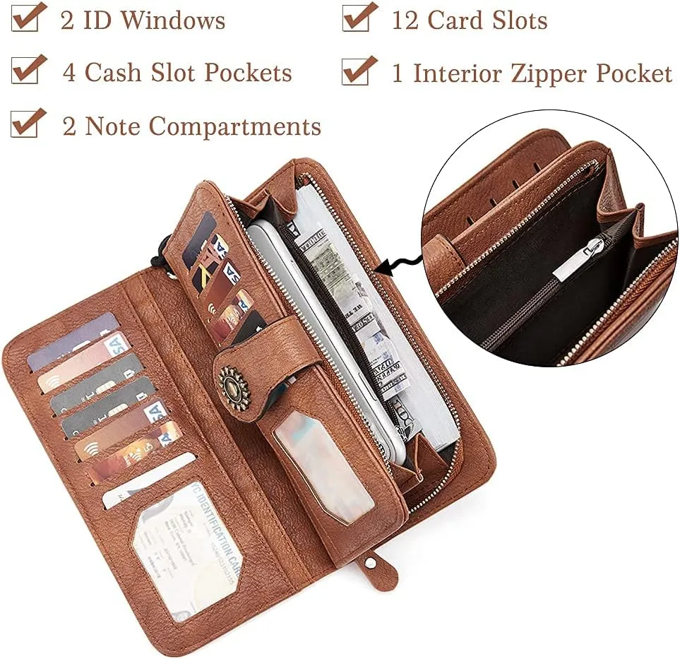 BROMEN Leather Wallets for Women RFID Blocking Large Capacity Credit Card Holder Clutch Purse Wristlet Retro Brown