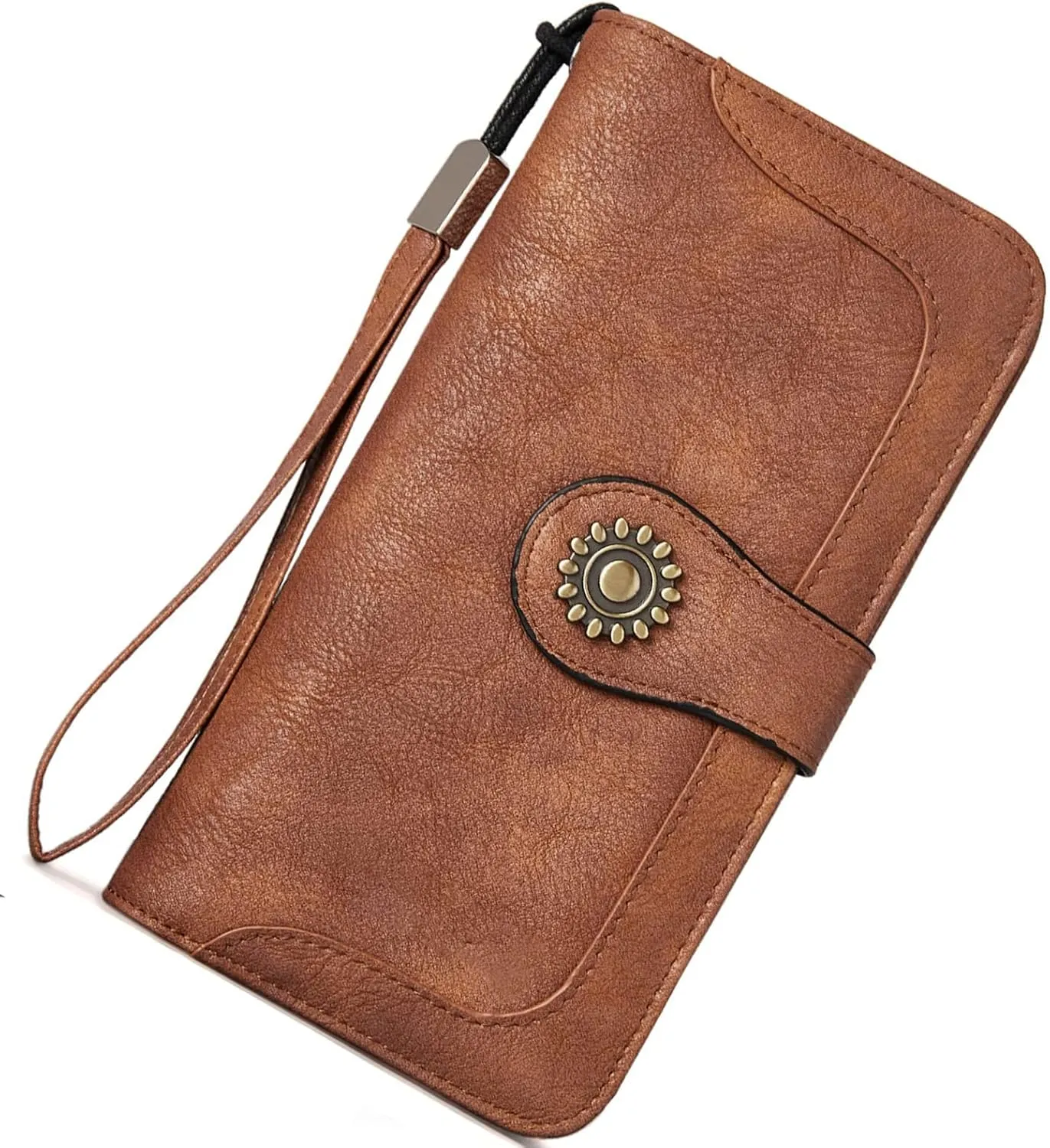 BROMEN Leather Wallets for Women RFID Blocking Large Capacity Credit Card Holder Clutch Purse Wristlet Retro Brown