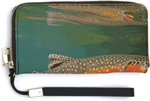 Brook Trout Fly Fishing Wallet Leather Zipper Around Clutch Wallet Large Capacity Purse with Wristlet Strap