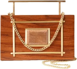 Brown Handcrafted Wooden Clutch - Rectangular Handbag - Evening Clutch Purse with Stone Embellishment