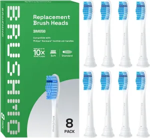 Brushmo Gum Care Sensitive Replacement Toothbrush Heads, Compatible with Philips Sonicare Click-on Toothbrush Handles, 8 Standard Heads, Extra Soft Dupont Bristles for Sensitive Teeth, BM658, White