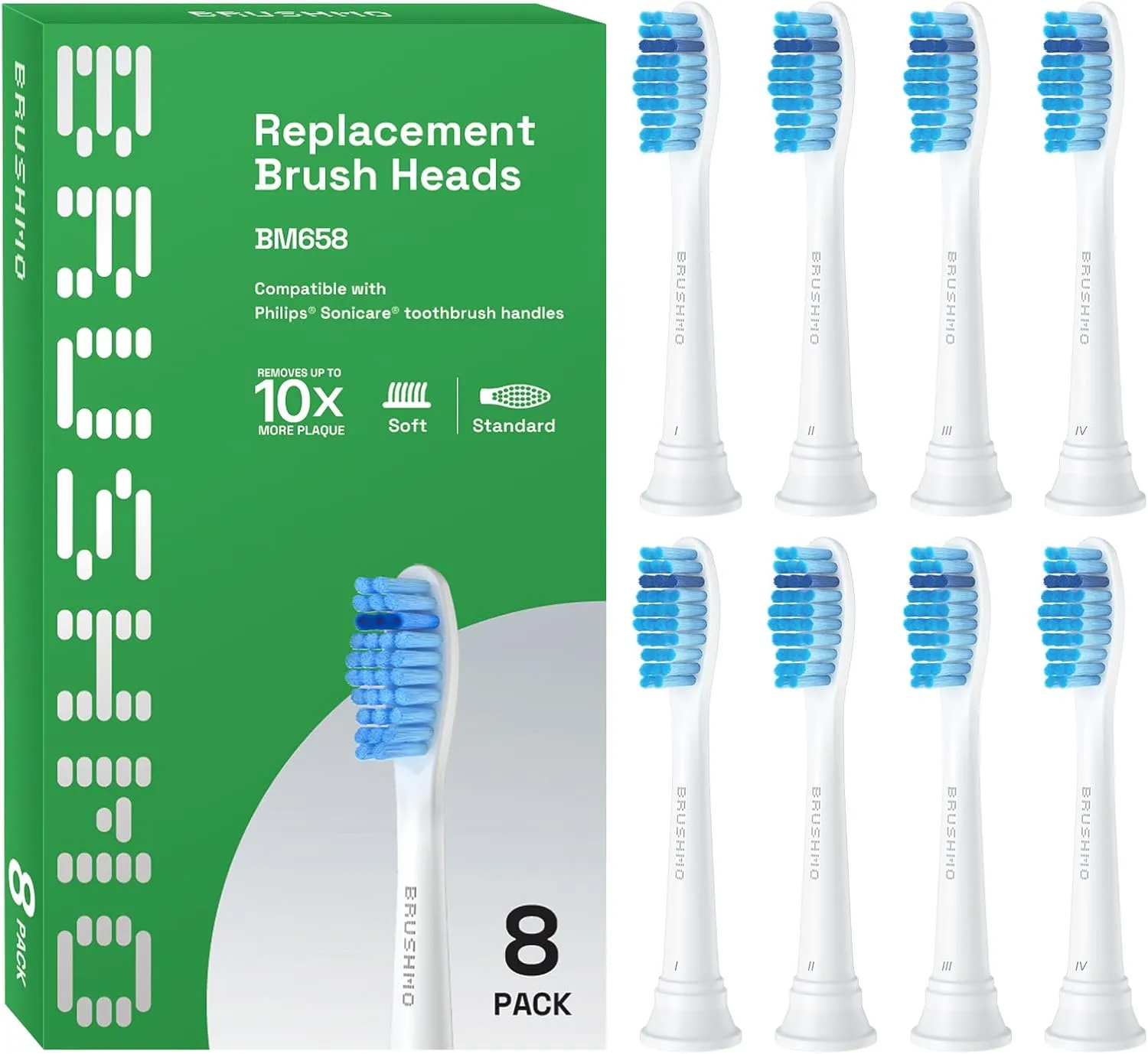 Brushmo Gum Care Sensitive Replacement Toothbrush Heads, Compatible with Philips Sonicare Click-on Toothbrush Handles, 8 Standard Heads, Extra Soft Dupont Bristles for Sensitive Teeth, BM658, White
