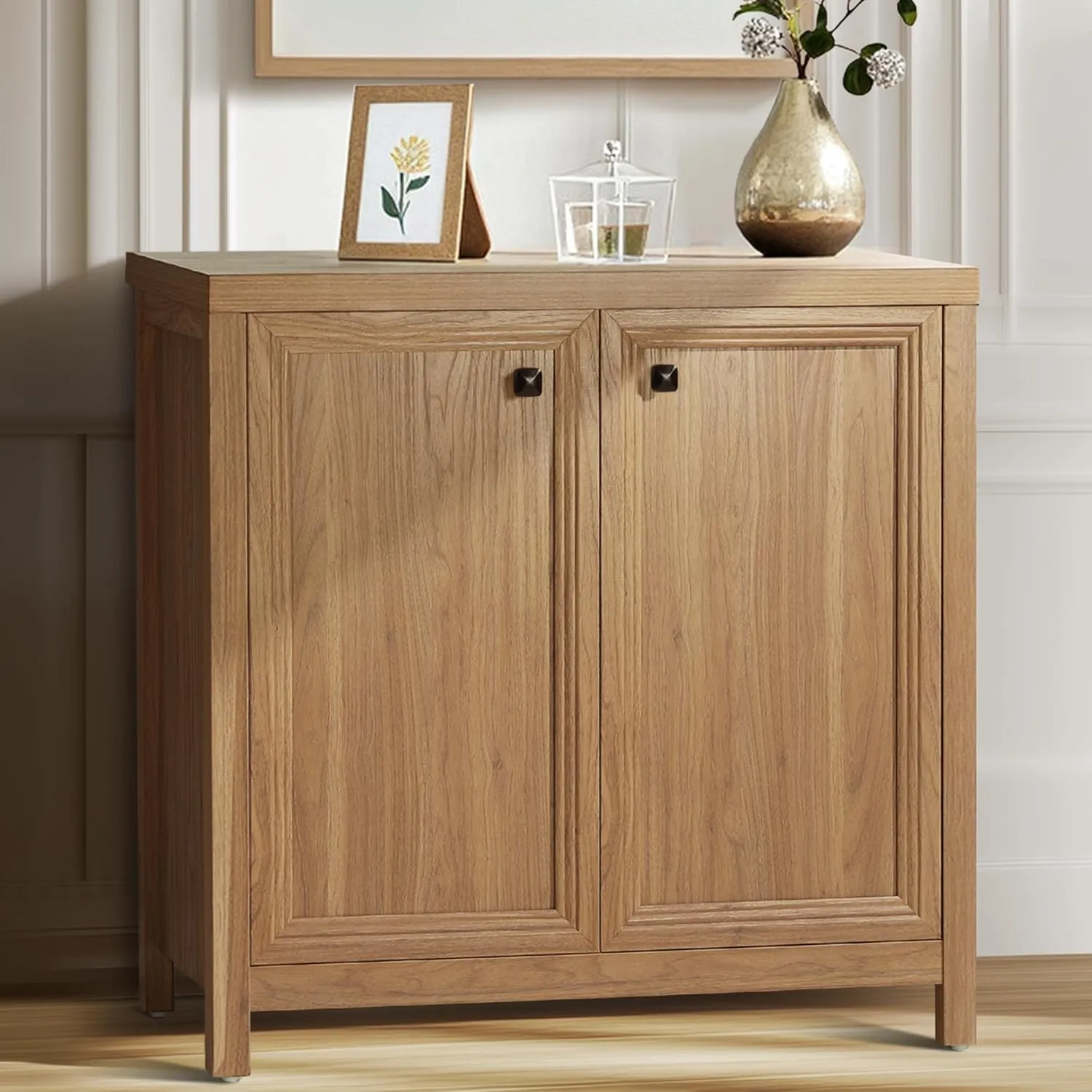 Buffet Cabinet Sideboard Pantry Kitchen Cabinet with Extra Thick MDF Panel Frame, Credenza for Kitchen Living Room Entryway, Natural Walnut (2 Doors)