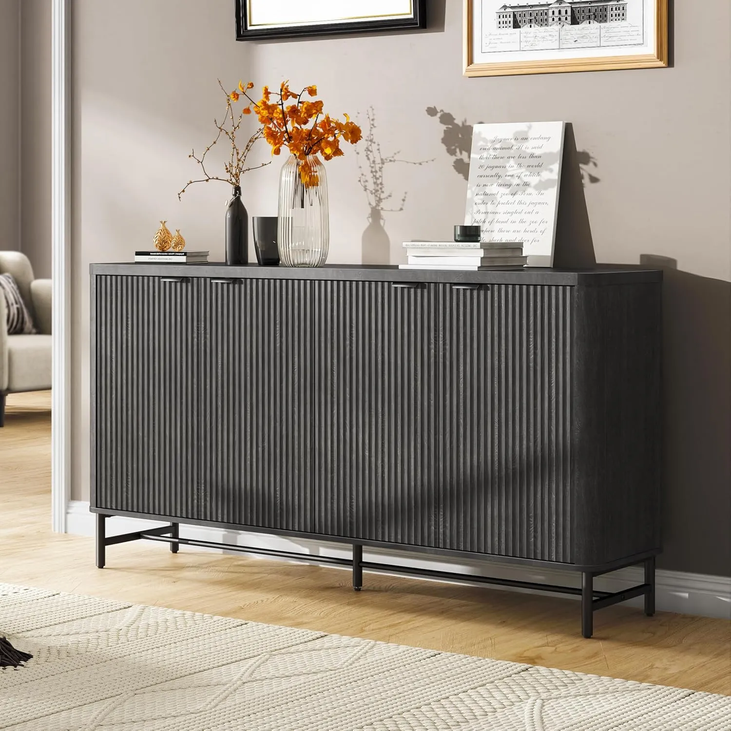 Buffet Cabinet with Storage, 65" Fluted Sideboard Cabinet with Doors & Adjustable Shelves, Modern Tall Kitchen Buffet Credenza Accent Coffee Bar Console Table for Living Room Hallway, Black