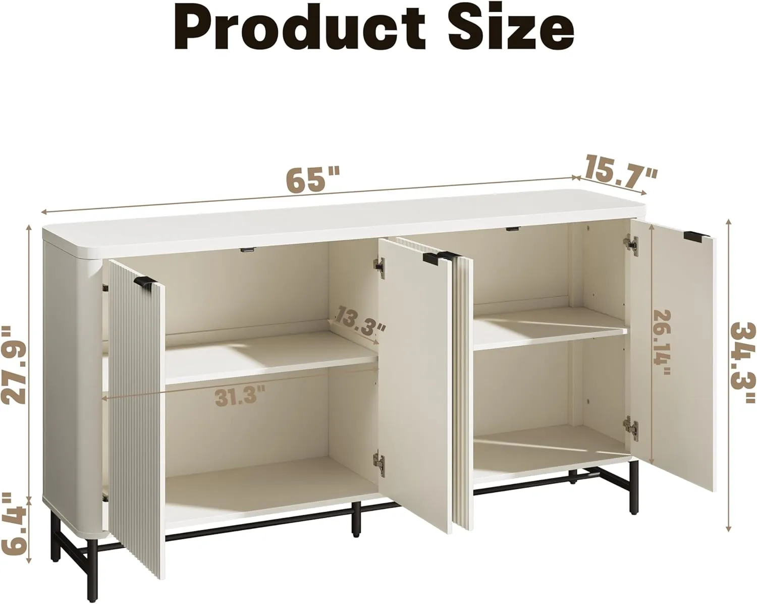 Buffet Cabinet with Storage, 65" Fluted Sideboard Cabinet with Doors & Adjustable Shelves, Modern Tall Kitchen Buffet Credenza Accent Coffee Bar Console Table for Living Room Hallway