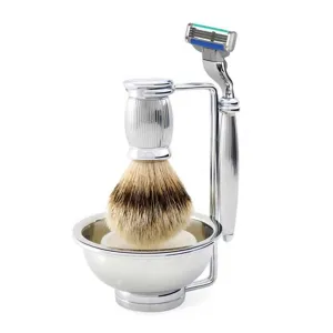 Bulbous Lined Chrome 4-Piece Shaving Set compatible with Mach3 Turbo Razor, Silvertip Badger Hair Brush, Bowl & Stand