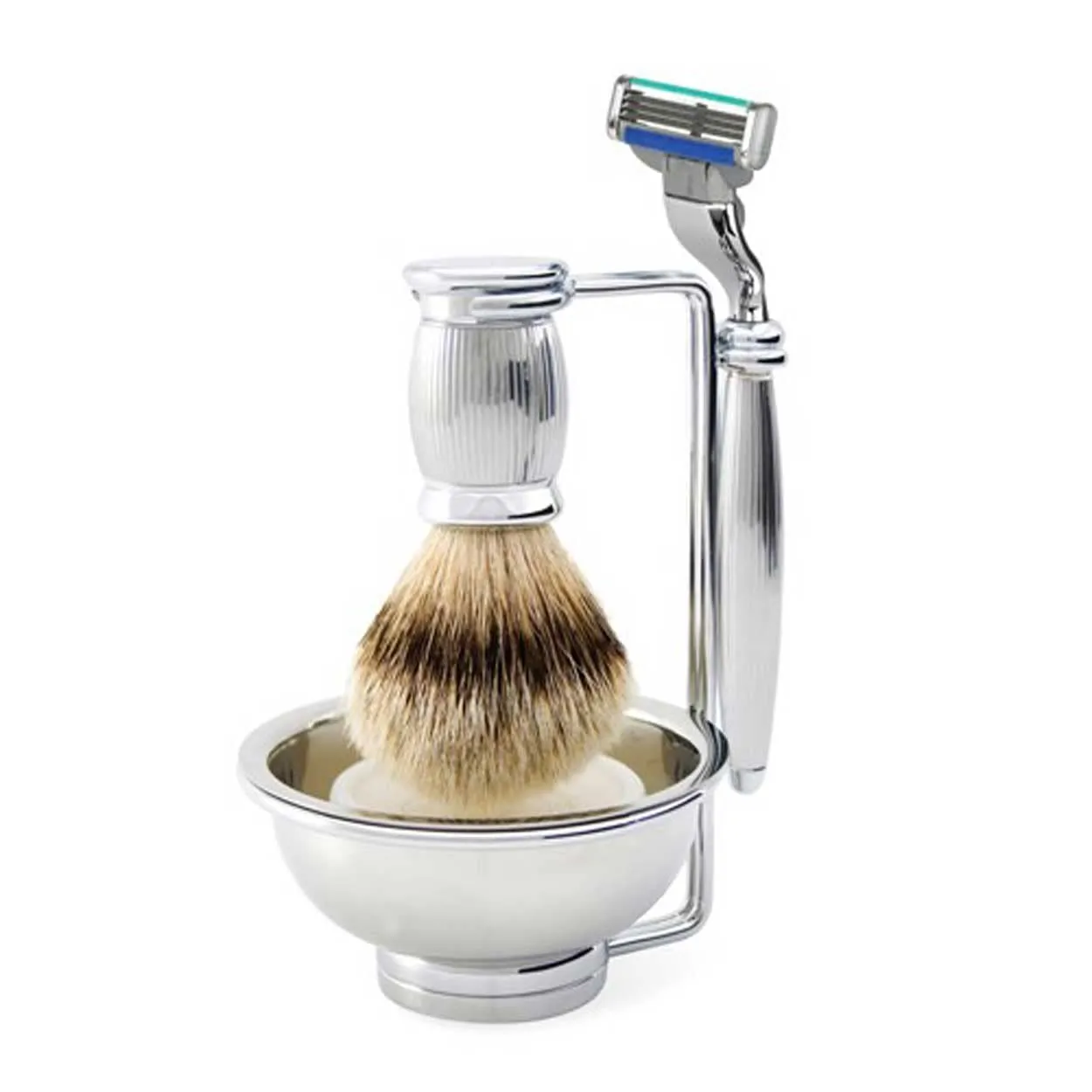 Bulbous Lined Chrome 4-Piece Shaving Set compatible with Mach3 Turbo Razor, Silvertip Badger Hair Brush, Bowl & Stand