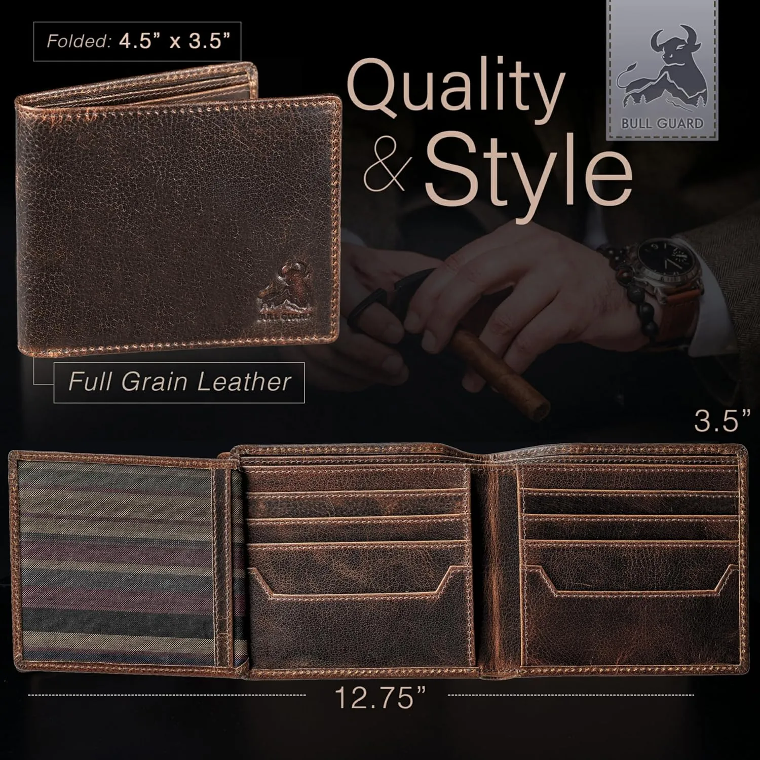 BULL GUARD RFID Blocking Bifold Wallets for Men with 2 ID Windows and 10 Credit Cards Slots Premium Security Full Grain Leather High Capacity Credit Card Wallet