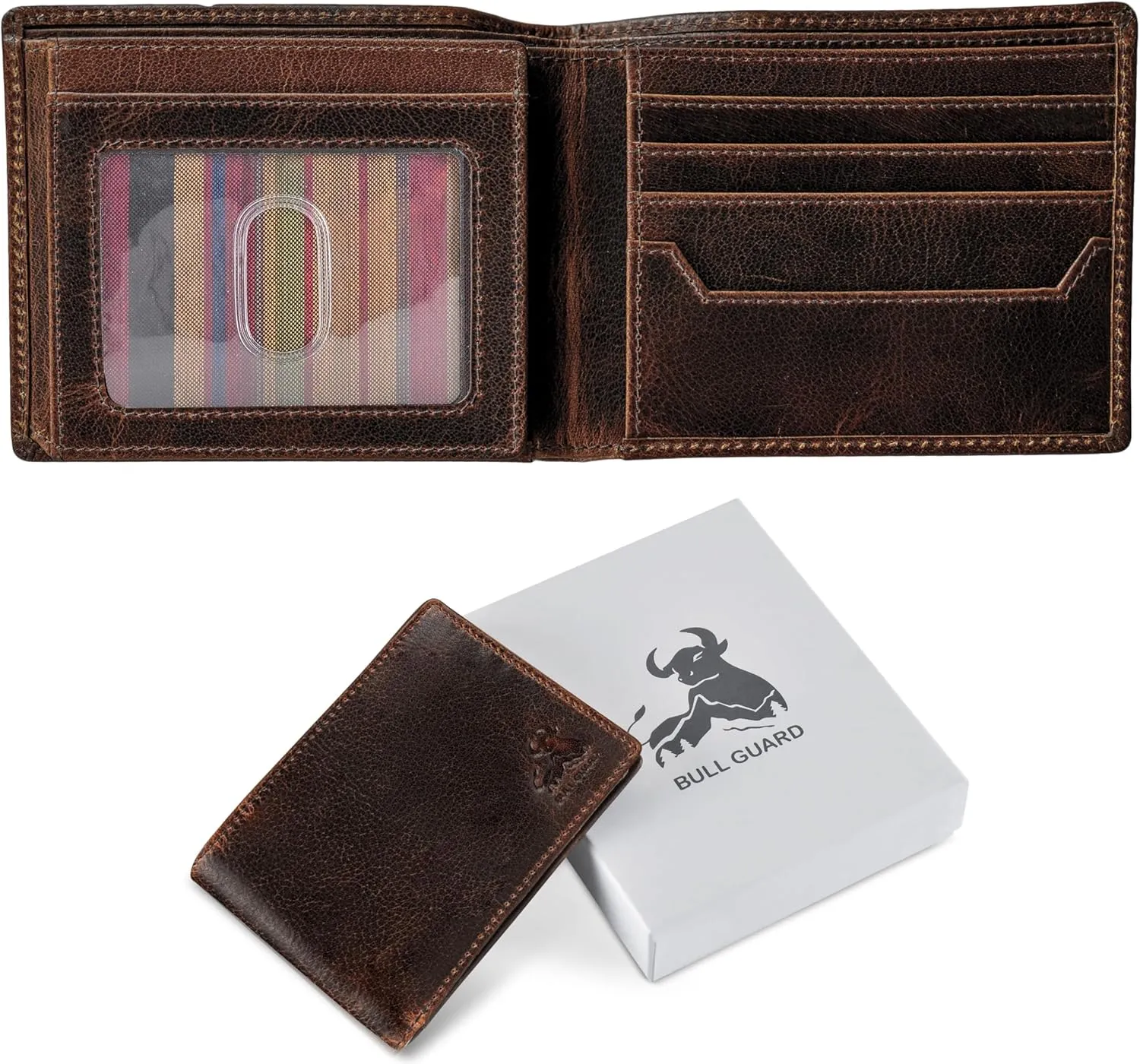 BULL GUARD RFID Blocking Bifold Wallets for Men with 2 ID Windows and 10 Credit Cards Slots Premium Security Full Grain Leather High Capacity Credit Card Wallet