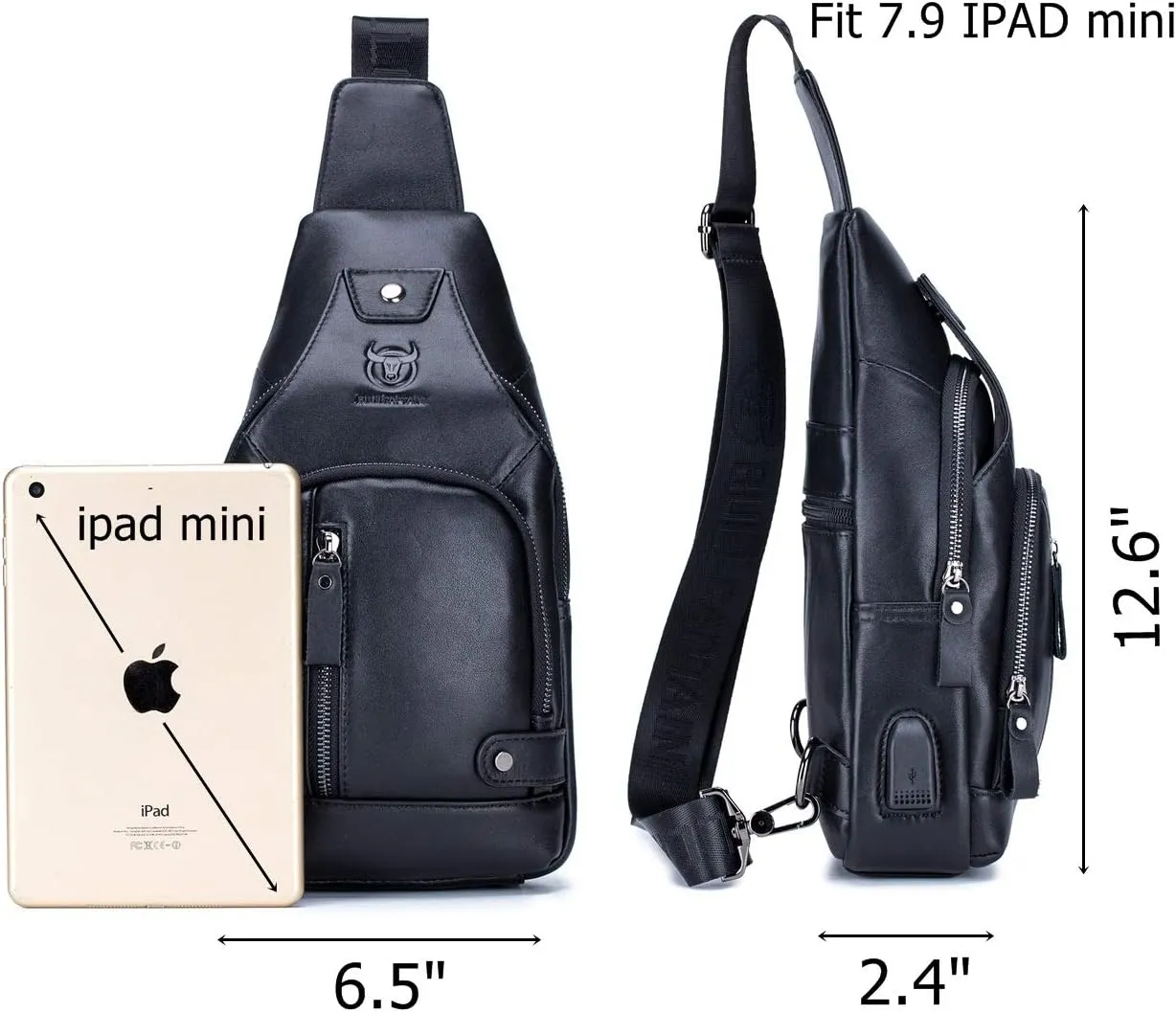BULLCAPTAIN Genuine Leather Mens Sling Bag Multipurpose Travel Crossbody Chest Bag Daypacks with USB Charging Port