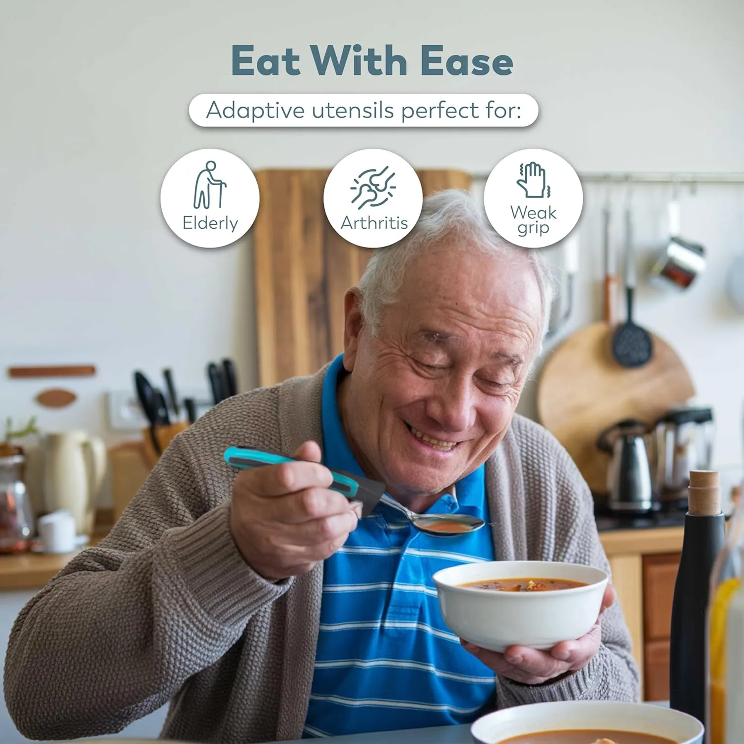 BUNMO Utensils for Elderly, Arthritis, Weak Hand Grip, Tremors & Handicapped - Convenient Travel Pouch - 3.35oz Lightweight - Stainless Steel - Eat Independently - Adaptive Blue 4 Piece Set