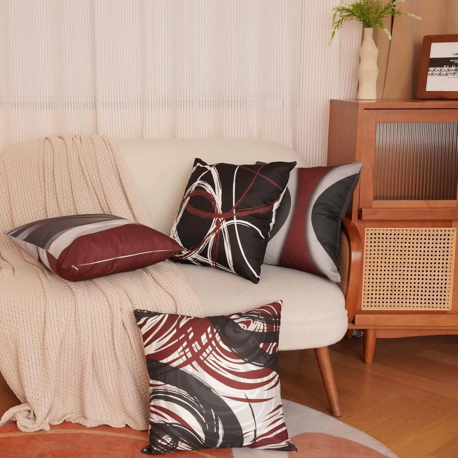 Burgundy Set of 4 Throw Pillow Covers Modern Abstract Wine Red Stripes Gray Black White Acrylic Decorative Pillow Cases Home Decor Square 18x18 Inches Pillowcases